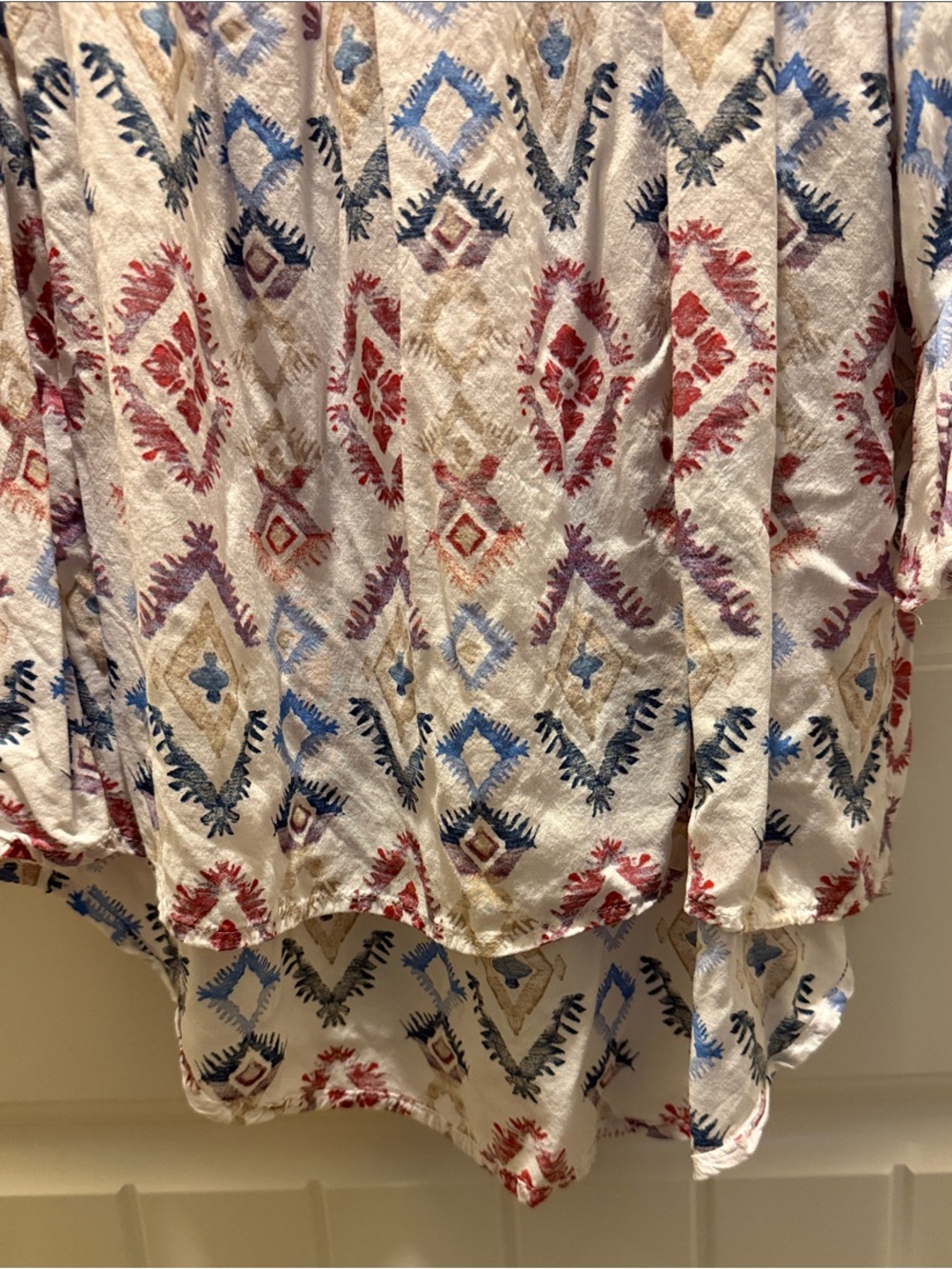 Cato White Boho Smocked-Neck Blouse with Maroon & Blue Pattern (M) - Picture 5 of 8